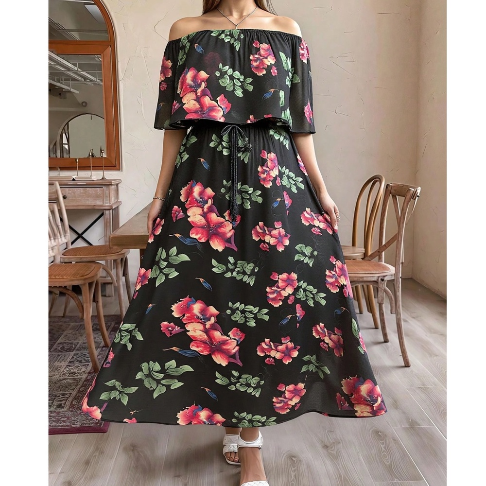 Plus Floral Print Off Shoulder Stretchy Waist Maxi Dress - Picture 3 of 5